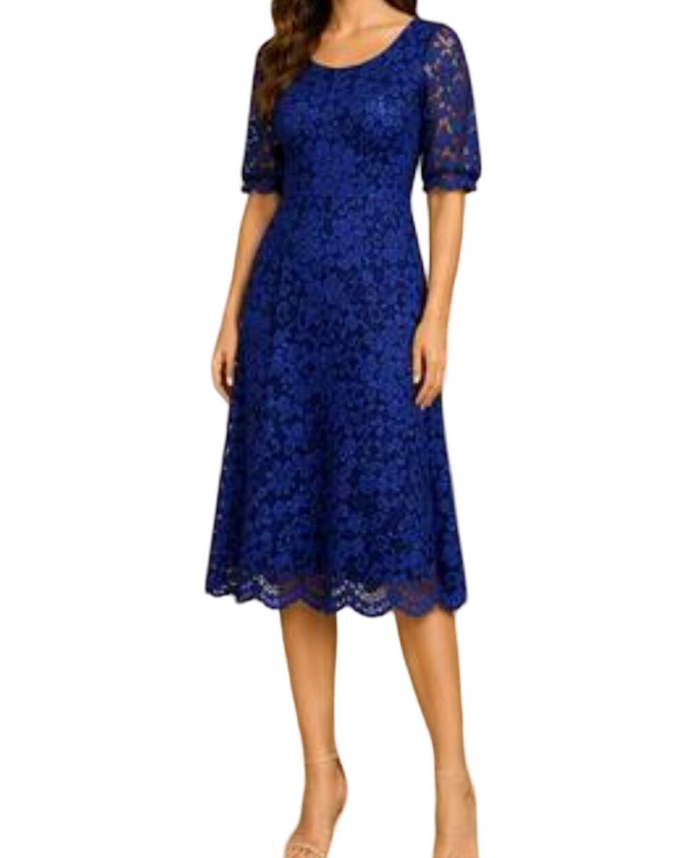 Badgley Mischka Belle Dress Womens Size 2 Blue Lace Sheath Stretch Wedding